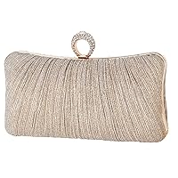 Womens Golden Glitter Clutch Purse Pleated Evening Bag for Bridal Wedding Party with Rhinestone Ring