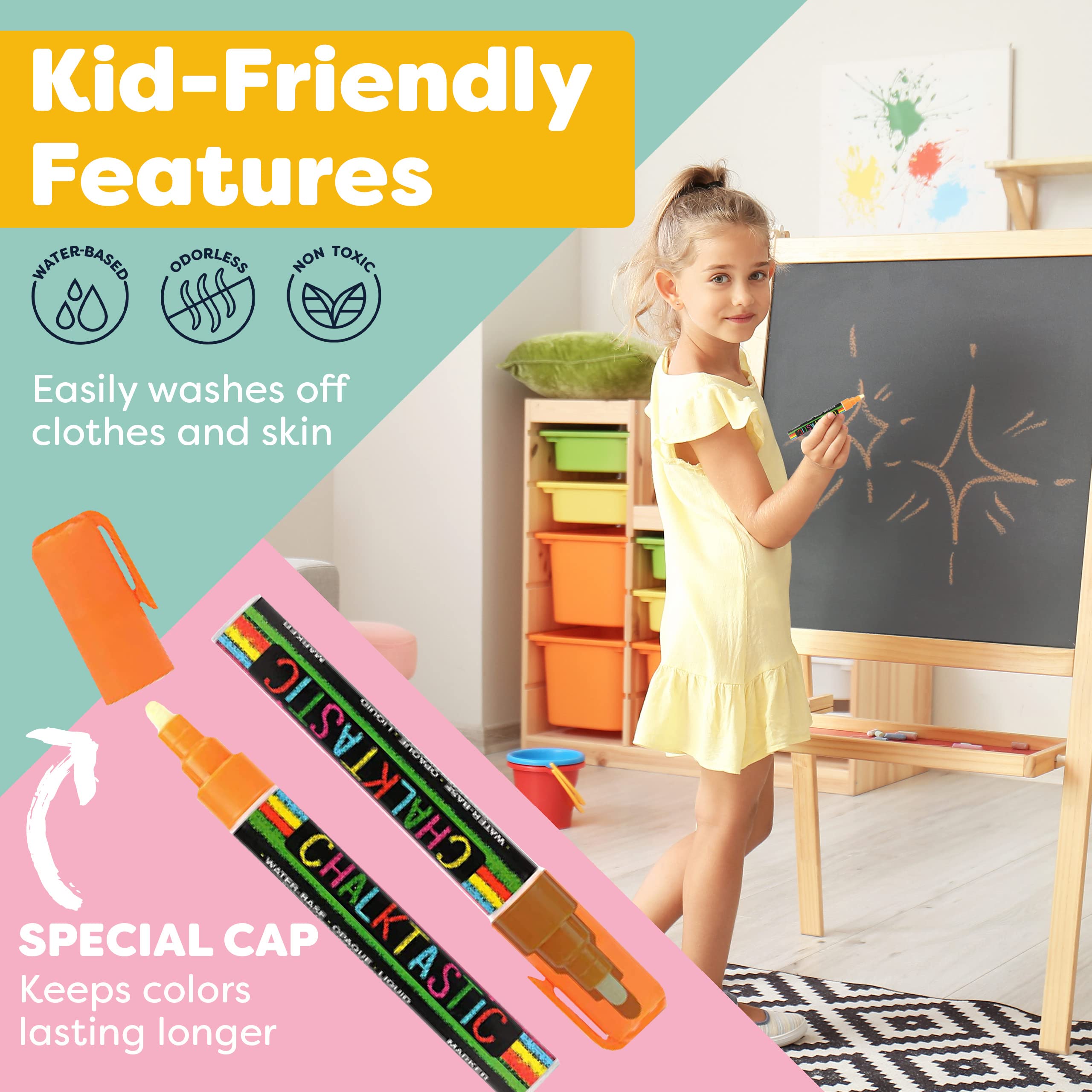 Chalktastic Chalkboard Markers for Kids Set of 8 Washable, Erasable Chalk  Ink Dry Erase Pens for School, Chalkboard Menu Board & Glass Car Window -  Neon, Pastel…