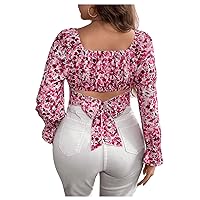Floerns Women's Plus Size Floral Print Tie Back Ruched Bust Lantern Sleeve Blouse Top