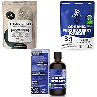 Ultimate Men's Health & Wellness Bundle: 5oz Tongkat Ali Powder, 5oz Wild Blueberry Powder & 3.4oz Organic Bilberry Liquid Extract - Premium Supplements for Drive, Passion, Eyesight