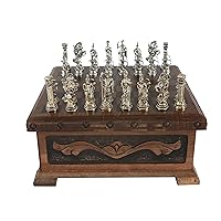 Tubibu Chess Set with Walnut Treasure Secret Magic Box with Hidden Key - Hand Made Unique Chess Board with Trojan War Metal Chess Pieces (Medium)