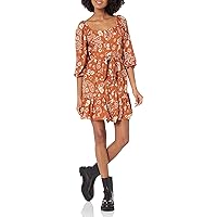 Angie Women's Long Sleeve Button Front Tie Peekaboo Dress, Brown, Small