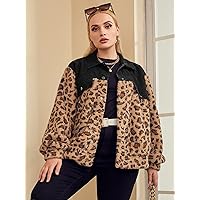 Women for Jackets - Plus Leopard Pattern Lantern Sleeve Teddy Jacket (Color : Multicolor, Size : 3X-Large)