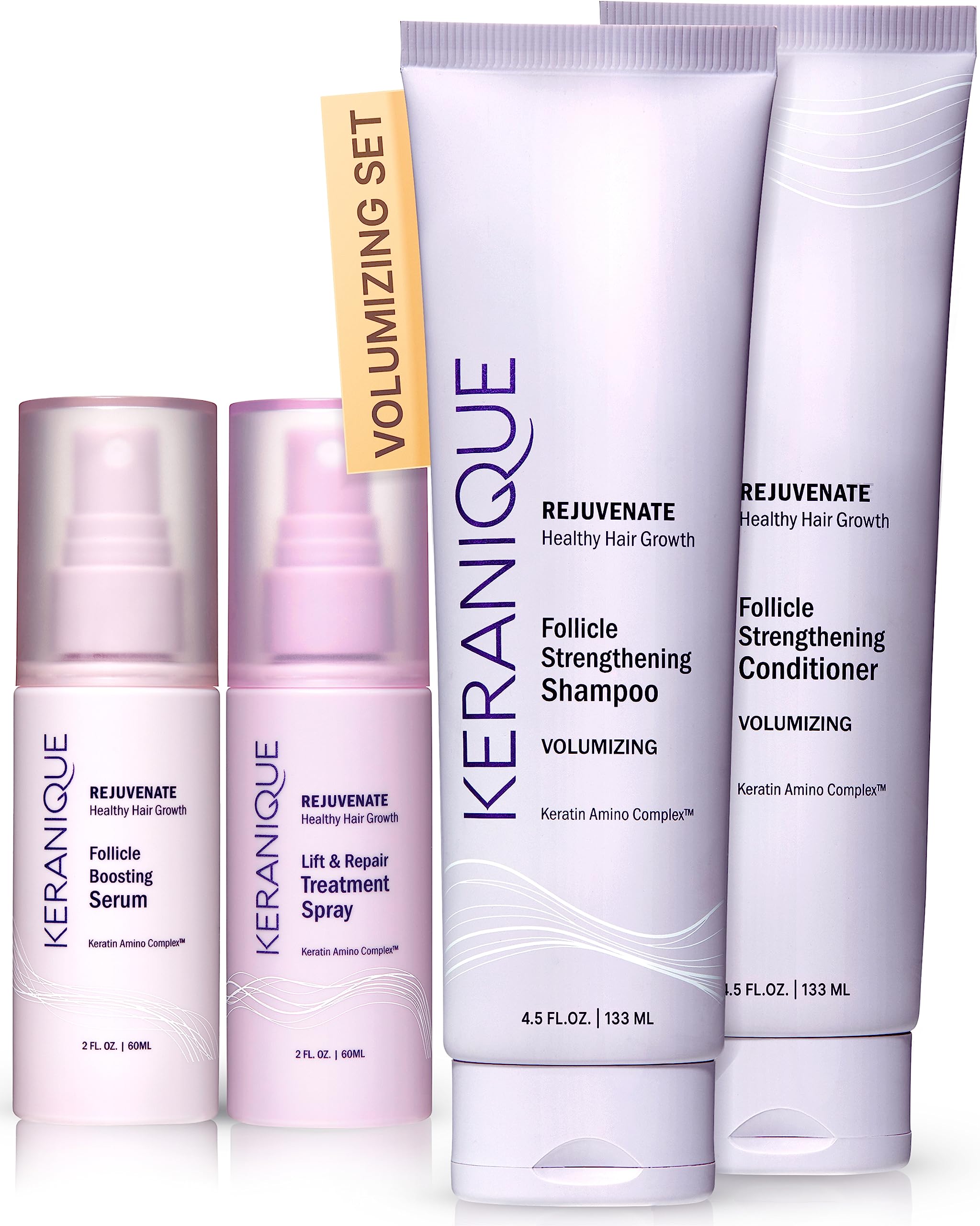 Volumizing Hair Growth System by Keranique includes Keratin Shampoo, Conditioner, Follicle Boosting Hair Growth Serum and Instant Volume Lift and Repair Treatment Spray Paraben Sulfate Free