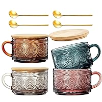 Colored Vintage Coffee Mug Set | Set of 4 | 15oz Unique Flower Hobnail Glasses, Overnight Oats Container with Gold Spoons - Embossed Cups Cute Coffee Bar Accessories, Glassware (Muted)