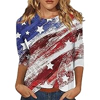 4th July Clothes 3/4 Length Sleeve Plus Size Womens Tops Three Quarter Sleeve Tunic Top Casual Loose Fit Tee Blouse
