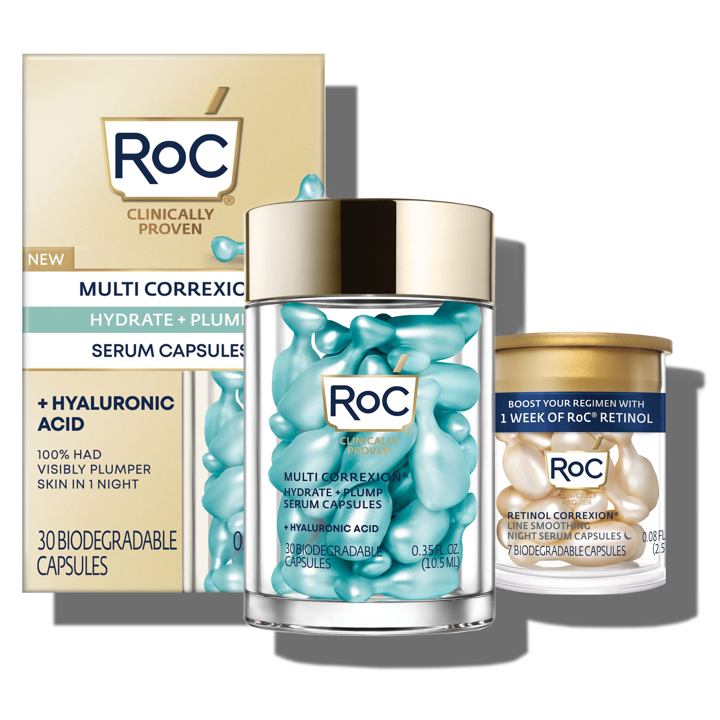 RoC Multi Correxion Hyaluronic Acid Night Serum Capsules (30 CT) for intesnt hydration + RoC Retinol Capsules (7 CT), Anti-Aging Skin Care, Wrinkle Treatment for Women & Men