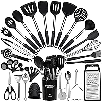 Large Cooking Utensils Set, 35 Pcs Spatula Set with Holder, Silicone Kitchen Utensils Set with Stainless Steel Handle, Cheese Grater, Scissors, Ice Cream Scoop, Pizza Cutter Kitchen Gadgets (Black)