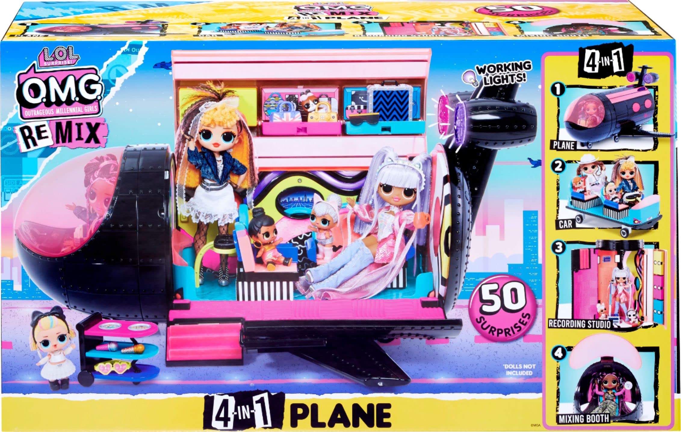 LOL Surprise OMG Remix 4 in 1 Exclusive Plane Playset Transforms 50 Surprises - Airplane, Car, Recording Studio, Mixing Booth with Colorful Doll Accessories, Play Set Gift for Kids Ages 6-11