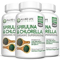 Allied Life Spirulina and Chlorella | Organic Chlorophyll Vegan Protein Powder Green Superfood Capsules | Natural Immune Support (3 Bottle Pack)
