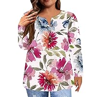 Women Plus Size Tops Long Sleeve Casual Shirt Button Down Retro Henley T-Shirt Loose Fit Versatile Cute Top