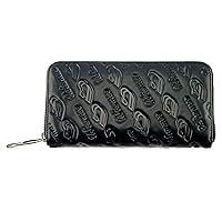 Women's Embossed Zip around Calfskin Leather waller RFID theft protection, built-in thin lining designed (Black w logo)