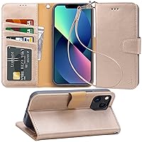 Arae Compatible with iPhone 13 Case with Card Holder and Wrist Strap Wallet Flip Cover for iPhone 13 6.1 inch (Champagne Gold)