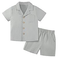 Weixinbuy Baby Boy Clothes Set Toddler Summer Outfit Cotton Linen Short Sleeve T-shirt Top Pocket Button-Down Shirt Short Set