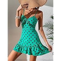 Dresses for Women Polka Dot Tie Front Ruffle Hem Cami Dress (Color : Green, Size : Large)
