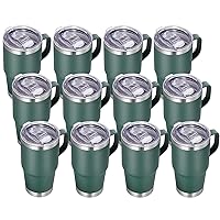 VEGOND 20 oz Tumbler Bulk with Handle Lid and Straw, Stainless Steel Insulated Travel Coffee Mug Set, Spill Proof Double Wall Metal Tumblers Cups, Dark Green 12 Pack