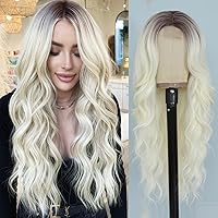 NAYOO Long wavy Wigs for Women Middle Part Wavy Curly Wig with Dark Roots Synthetic Heat Resistant Fiber Women Wigs for Daily Party Use (Platinum Blonde)