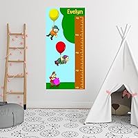Fairy Dwarves Hanging Balloons Near Tree Height Chart with Kids Name for Baby Room - Personalised Dwarves Wall Decals for Boys Girls - Children's Measuring Chart
