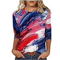 Funny Oil Painting Shirts Women's Summer 4th of July Tops Casual 3/4 Sleeve Crewneck Patriotic Holiday Blouses