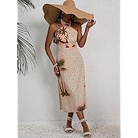 Women's Dress Dresses for Women Geo & Plants Print Halter Neck Backless Slit Thigh Dress Dresses for Women (Color : Apricot, Size : Large)