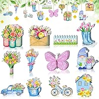36 Pcs Spring Flower Wooden Ornaments, Colorful Spring Tree Ornaments Hanging Decorations Floral Gnome Tulip Wood Cutouts Crafts for Small Tree Home Decor