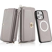 Wallet Case for iPhone 15 Pro Max/15 Pro/15 Plus/15, Magnetic Detachable Cover with RFID Blocking Card Slot Wrist Strap Wireless Charging Leather Case,White,15 Pro Max'' (Grey)