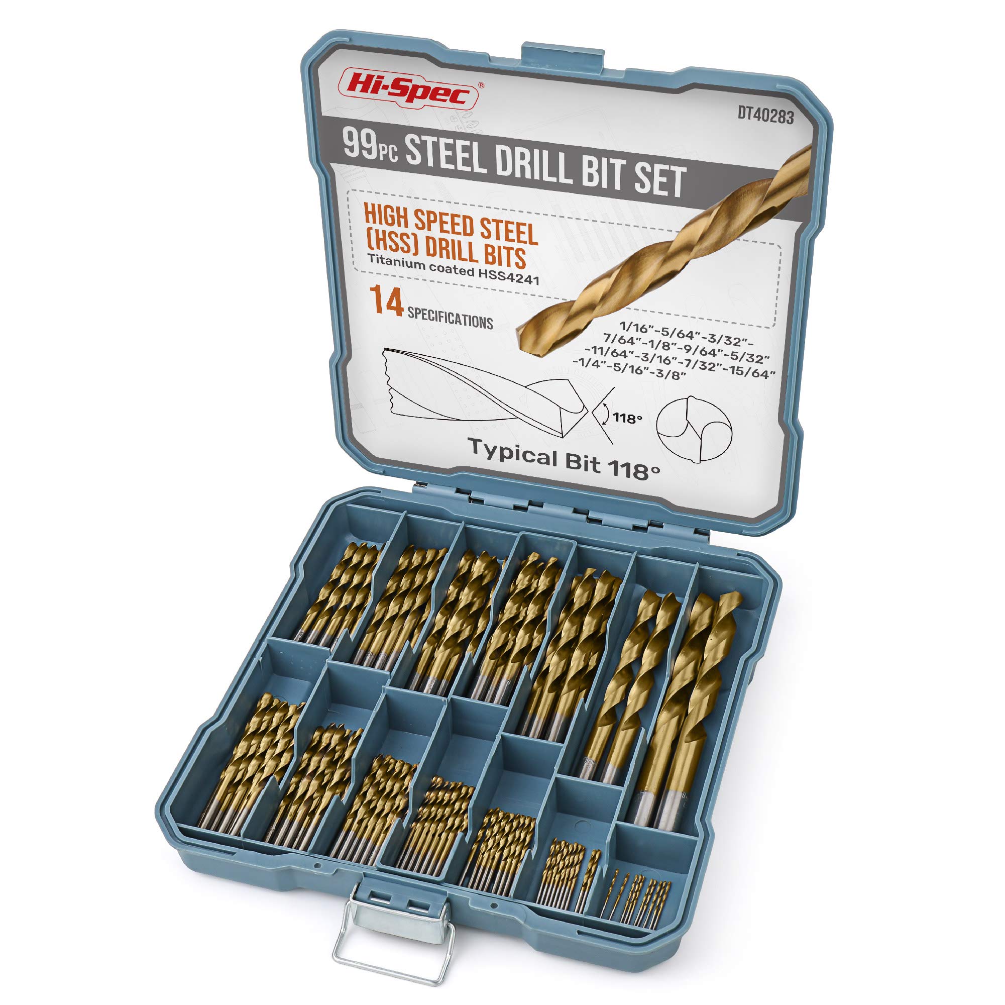 Hi-Spec 99 Piece SAE Multi Drill Bit Set. 14 Sizes from 1/16in to 3/8in. Metal, Wood, Drywall & Plastics Drilling with HSS Titanium Steel Bits. Complete in a Tray Case
