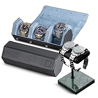 Genuine Leather Watch Case (Grey/Light Blue) and Watch Stand (Green/Black/Black)