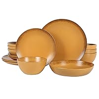 Palermo Sun Double Bowl Stoneware Reactive Glaze Plates and Bowls Dinnerware Set - Tumeric Yellow, Service for Four (16pcs)