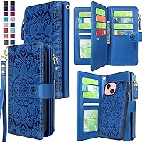 Harryshell Compatible with iPhone 15 / iPhone 14 / iPhone 13 6.1 inch 5G Wallet Case Detachable Removable Phone Cover Zipper Cash Pocket Multi Card Slots Wrist Strap Lanyard (Floral Deep Blue)