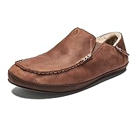 OLUKAI Moloa Slipper Men's Slippers, Premium Nubuck Leather Slip On Shoes, Shearling Lining & Gel Insert, Drop-in Heel Design, Toffee/Dk Wood, 9