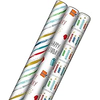 Hallmark Recycled Wrapping Paper with Cutlines on Reverse (3 Rolls: 60 Sq. Ft. Ttl) Red, Blue, Green, Gold Stripes, Candles, 