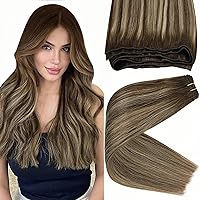 Sunny Sew in Hair Extensions Balayage Weft Hair Extensions Real Human Hair Balayage Dark Brown Mix Caramel Blonde Sew in Bundle Human Hair Weft Extensions Long Hair for Women 22inch 100g