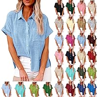 Womens Short Sleeve Shirt Cotton Linen Button Down Blouse Solid Color Lounge T-Shirts Loose Business Casual Work Tops