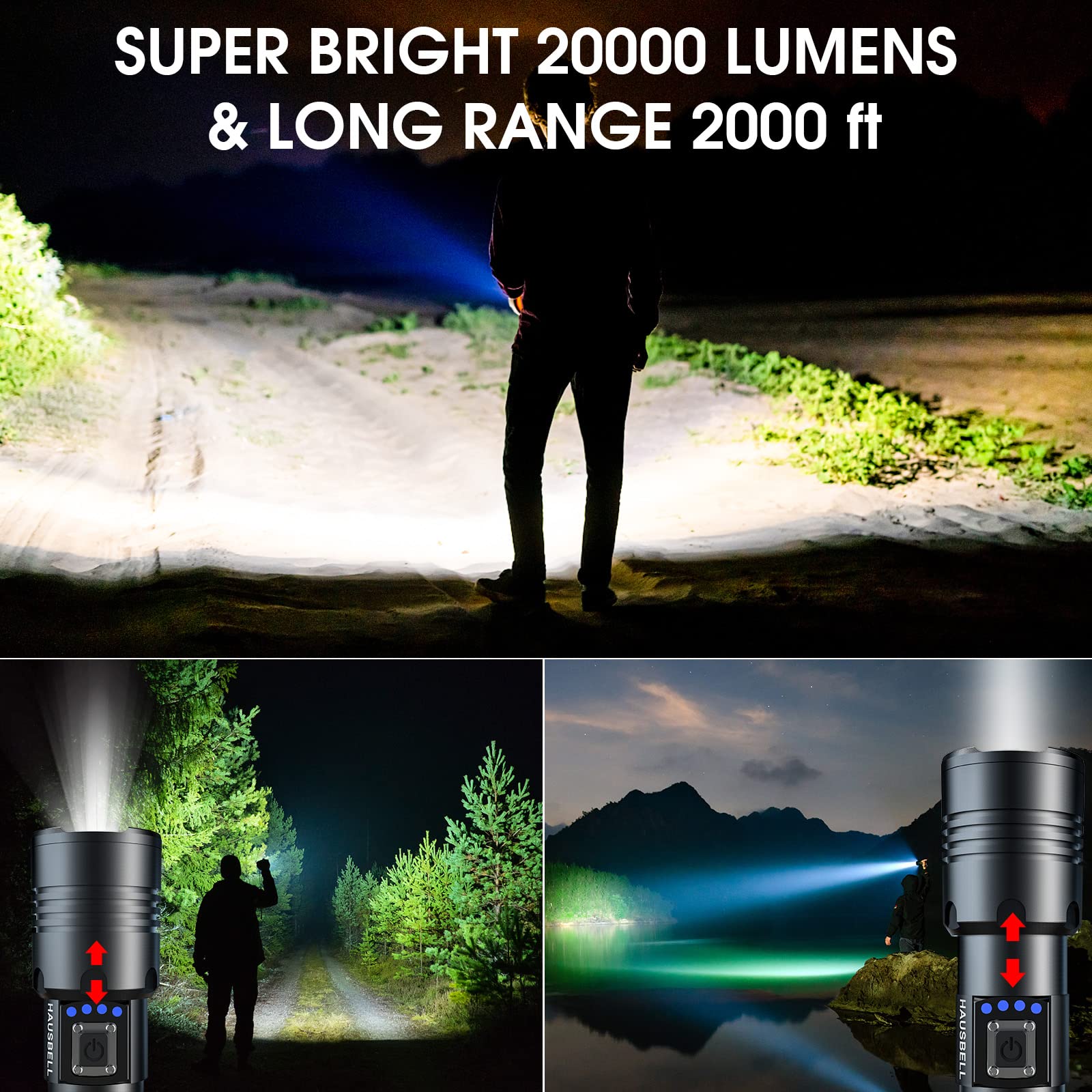 Hausbell Rechargeable LED Flashlights High Lumens, 20000 Lumens Super Bright Zoomable Waterproof Flashlight with 5 Modes , input and outpur for emergencies power, Powerful Handheld Flashlight for Camping Emergencies (battery exclude)