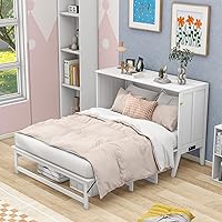 Queen Size Murphy Cabinet Bed Frame with Built-in Charging Station and a Shelf/Desk, Wooden Foldable Platform BedFrame for Bedroom/Guest Room Dorm, White