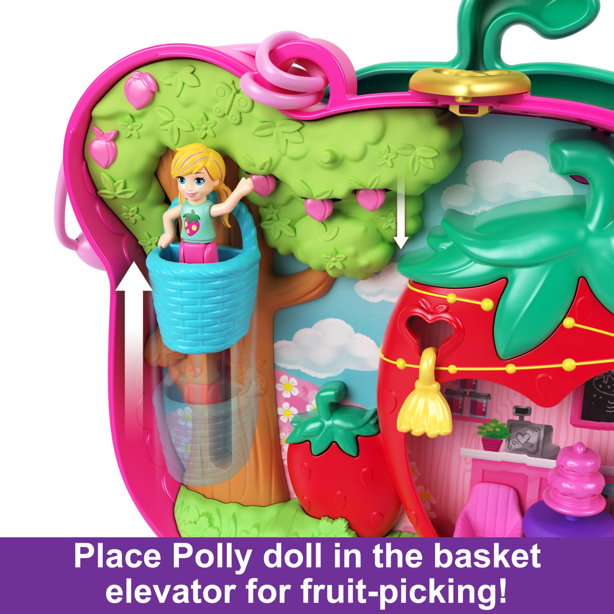 Polly Pocket Dolls and Playset, Travel Toy with Fidget Exterior, Straw-beary Patch Compact with 12 Accessories
