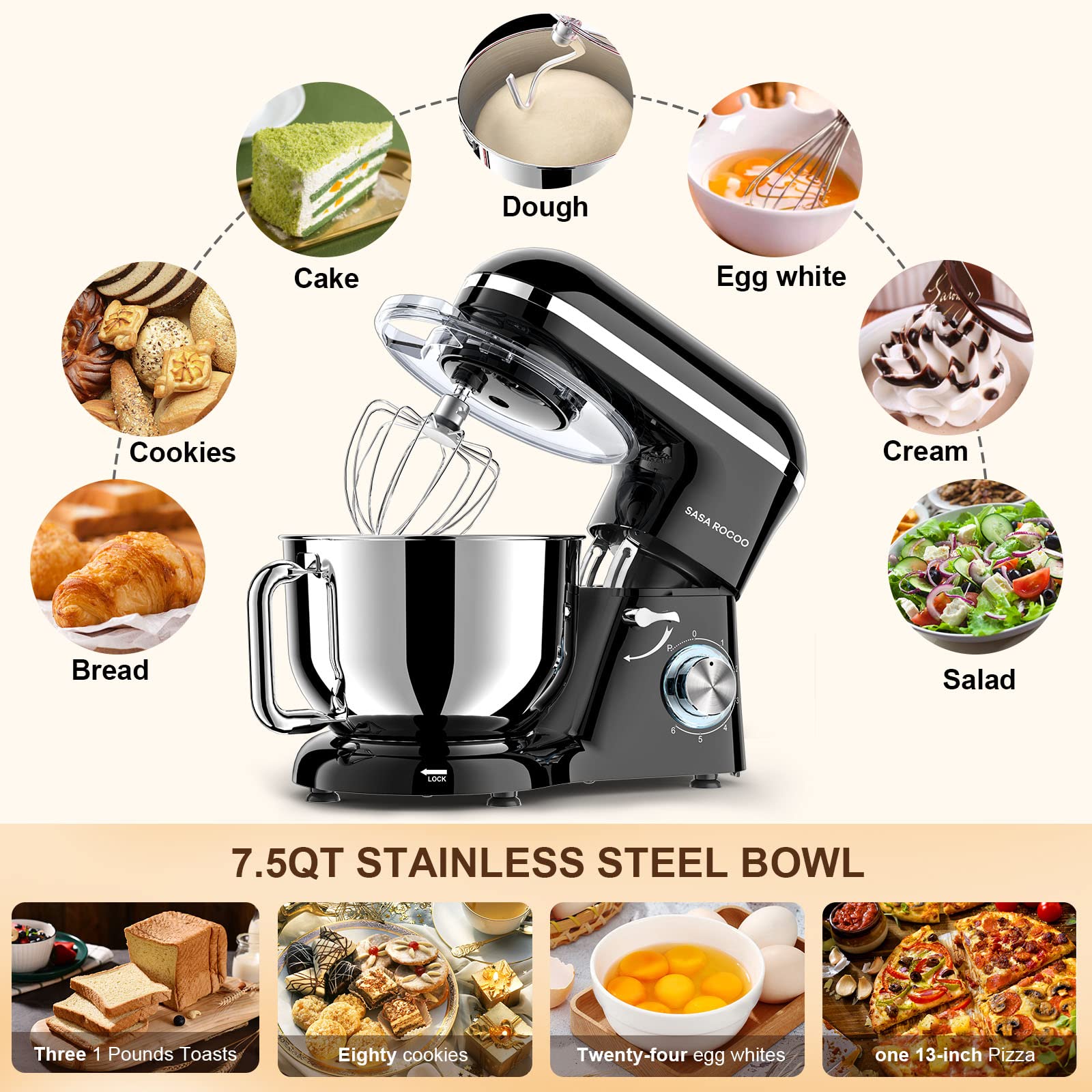 SASA ROCOO Stand Mixer 660W 6+P Speed Tilt-Head Electric Kitchen Mixer with 7.5 Qt Stainless Steel Bowl, Beater, Dough Hook, Whisk, Beater for Baking, Bagel, Cake, Pizza，Dishwasher Safe (black)