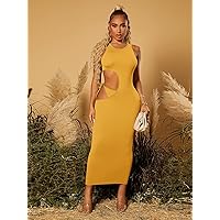 Fall Dresses for Women 2023 Solid Cut Out Bodycon Dress Dresses for Women (Color : Mustard Yellow, Size : X-Small)