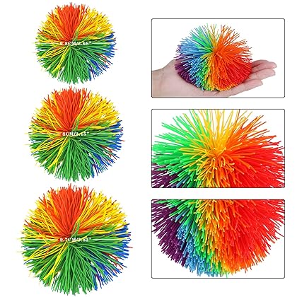 WYOMER 12 Pack Monkey Stringy Balls Sensory Fidget Toys Original Latex-Free Silicone Soft Active Fun Toy, Stress Relief Balls with Rainbow Pom Colorful Bouncy Ball (3 Sizes)