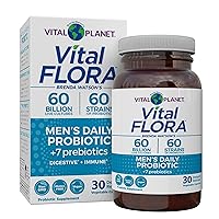 Vital Planet - Vital Flora Men’s Daily Probiotic, 60 Billion CFU, 60 Diverse Strains, 7 Organic Prebiotics, Immune Support, Gas Relief, Colon and Digestive Health Probiotics for Men 30 Capsules