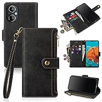 Antsturdy Wallet Case for OnePlus Nord N20 5G, Luxury PU Leather Flip Shockproof Cover with Zipper Card Slots, RFID Blocking, Portable Wristband & Kickstand, Black