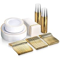 350 Piece MCIRCO Gold Dinnerware Set - 100 Gold Rim Plastic Plates - 50 Gold Plastic Silverware - 50 Gold Plastic Cups - 50 Gold Paper Napkins, 50 Guest Disposable Gold Dinnerware Set