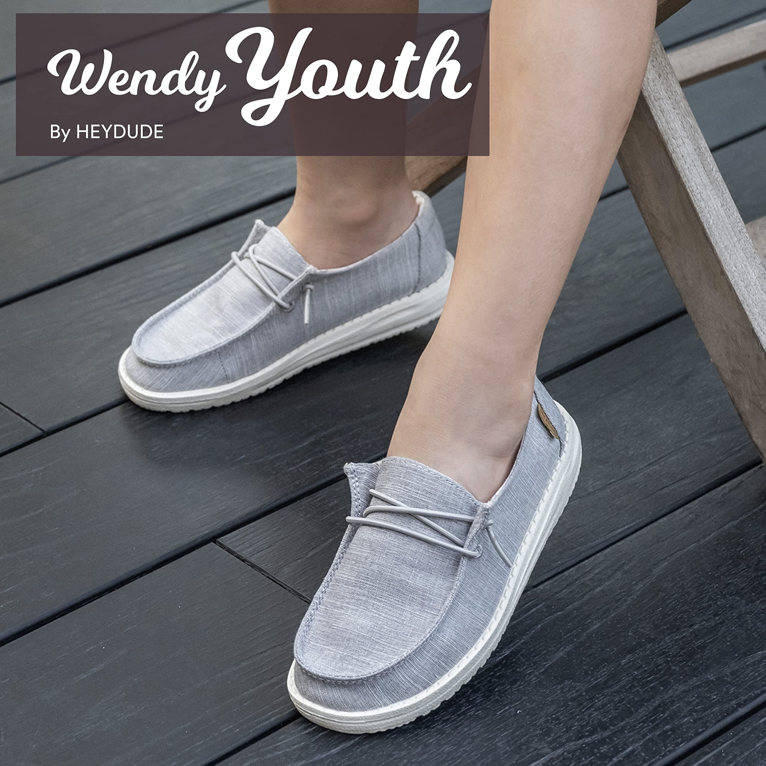 Hey Dude Girl's Wendy Youth Linen Grey Multiple | Girl’s Shoes | Girl’s Lace Up Loafers | Comfortable & Light-Weight