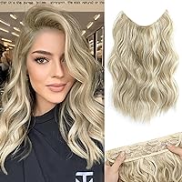MORICA Invisible Wire Hair Extensions - 14 Inch Halo Hair Extension Long Wavy Synthetic Hairpiece with Transparent Wire Adjustable Size, 4 Secure Clips for Women (Ash Blonde Mixed Light Blonde,14Inch)