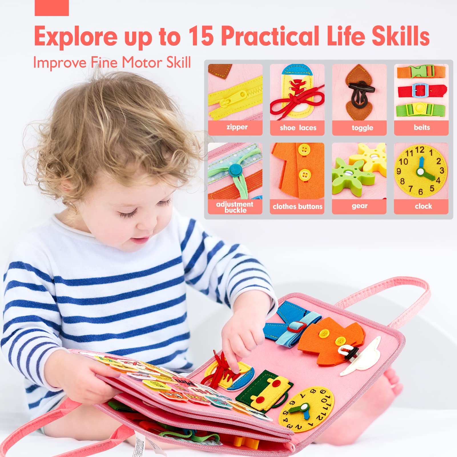 Busy Board for Toddlers Boys Girls Montessori Toys for 2 Year Old - 7 in 1 Preschool Learning Activities Toddler Travel Toys for Ages 2-4 with Life Skill, Alphabet, Number, Shape, Color,Animal,Weather