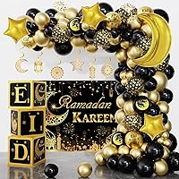 Ouddy Life 127Pcs Eid Mubarak Ramadan Party Decorations, Black Gold Balloons Ramadan Boxes with Star Moon Mosque for EID Mubarak Ramadan Indoor/Outdoor Home Supplies Eid Al-fitr Culture Festival Favor