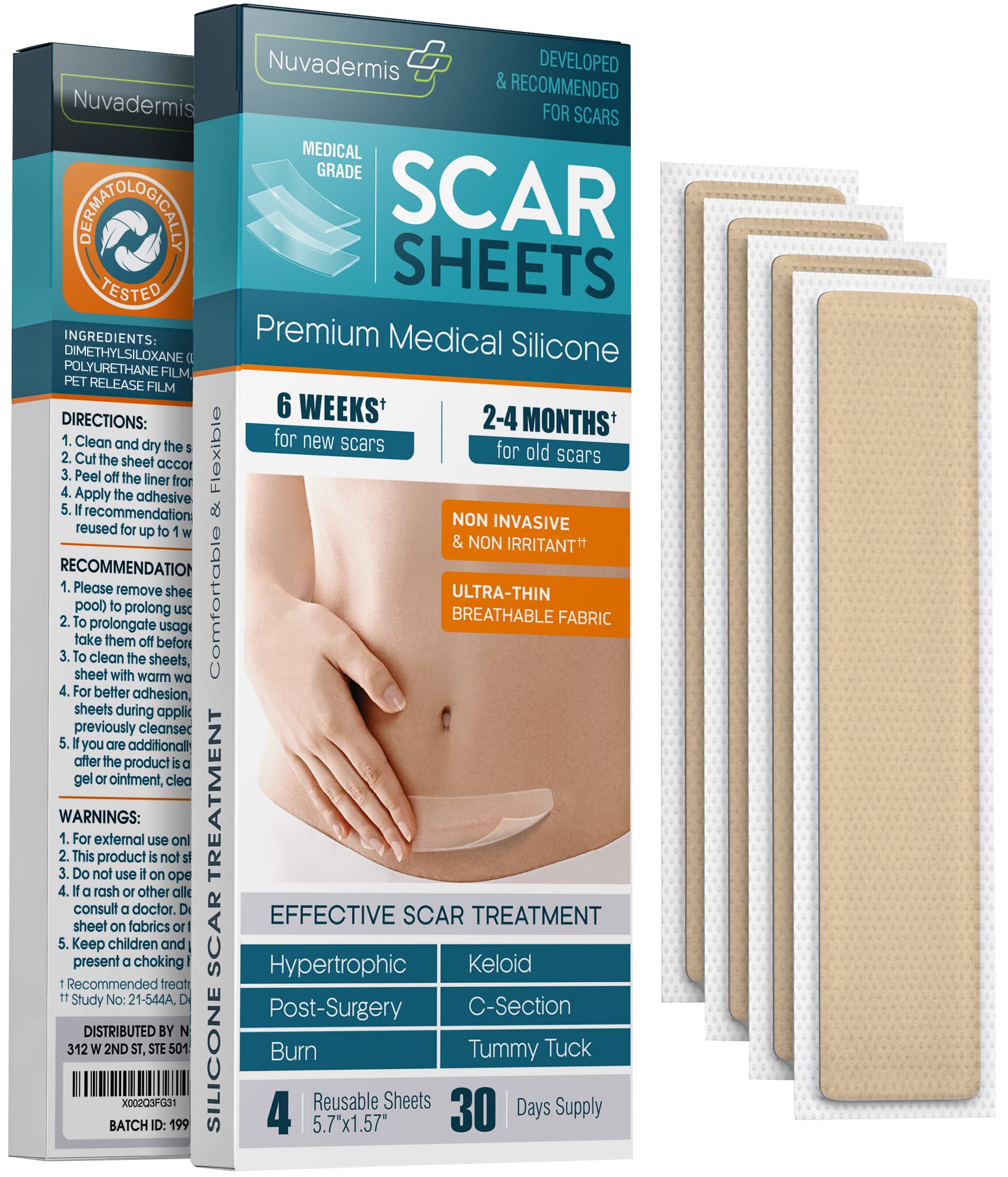 NUVADERMIS Silicone Scar Sheets - Extra Long Scar Sheets for C-Section, Tummy Tuck, Keloid, and Surgical Scars - Reusable Medical Grade Silicone Scar Sheets - Post Surgery Supplies - Pack of 4
