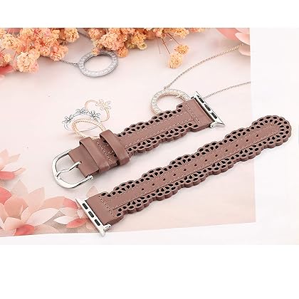 Secbolt Leather Bands Compatible with Apple Watch Band 38mm 40mm 41mm 42mm 44mm 45mm iWatch Series 8 7 SE 6 5 4 3 2 1, Breathable Chic Lace Leather Strap for Women