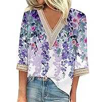 3/4 Length Sleeve Shirts for Women Lace Tops for Women 3/4 Length Sleeve 2024 Fashion Casual Bohemian Print Loose Fit with V Neck Blouses Purple XX-Large